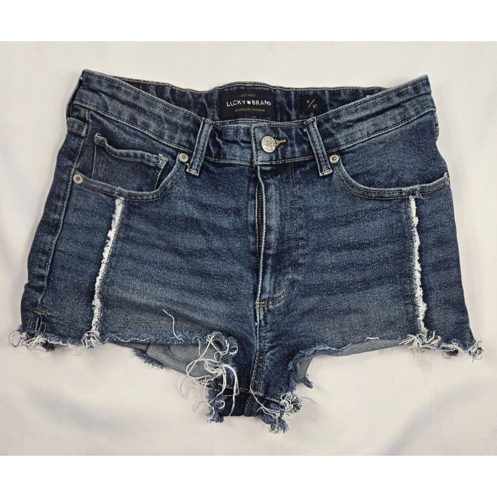 Lucky Brand High Rise Shortie Denim Shorts Womens 4 27 Distressed Raw Hem‎ Blue